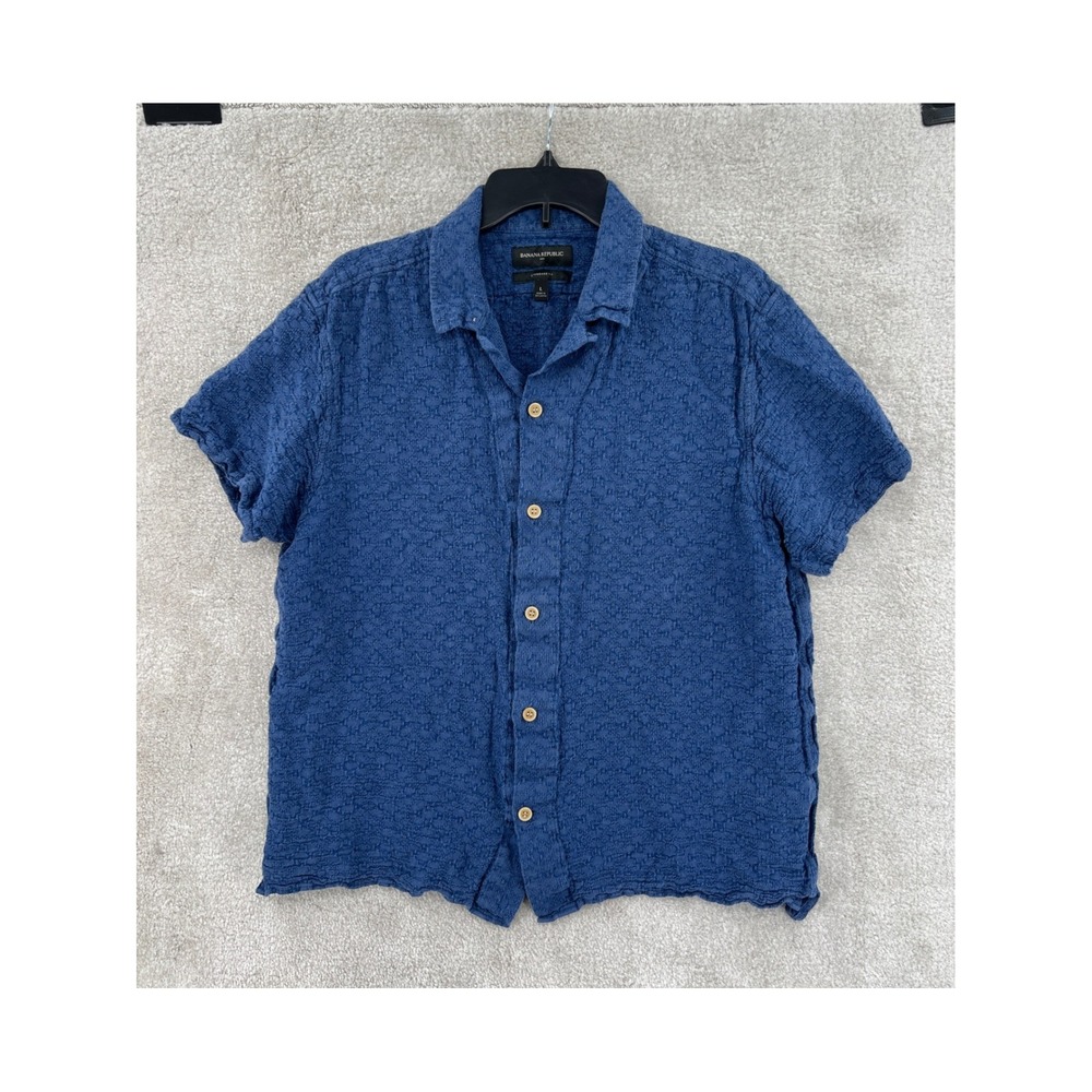Banana Republic Coastal Linen Shirt Size L Blue Textured Short Sleeve Vacation